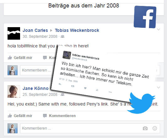 Meine ersten Wallposts bei Facebook und mein erster Tweet, beides im September 2008. 